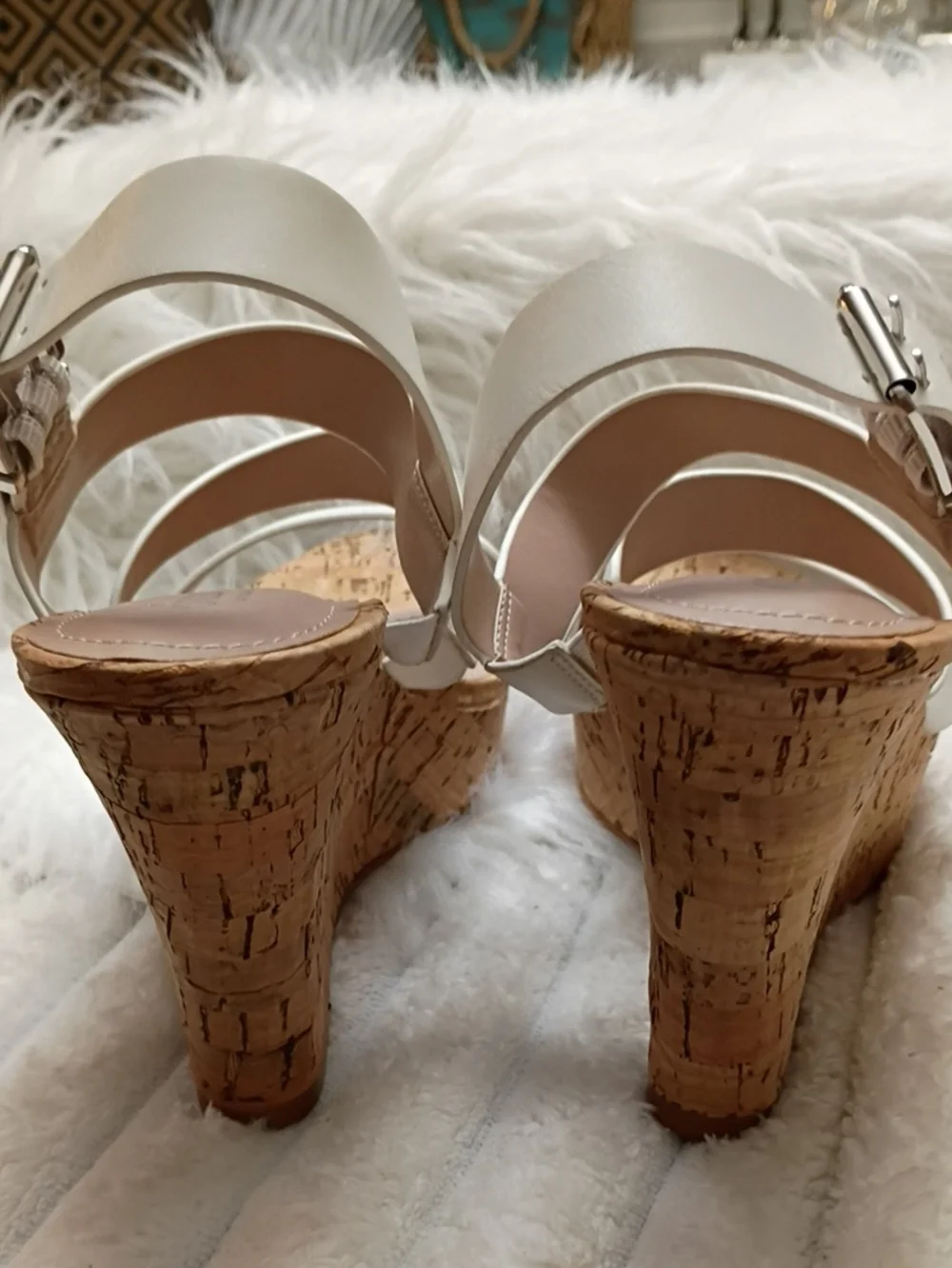 Charles By Charles Stanley Liber White Cork Wedge Sandals with Buckle Strap 7M